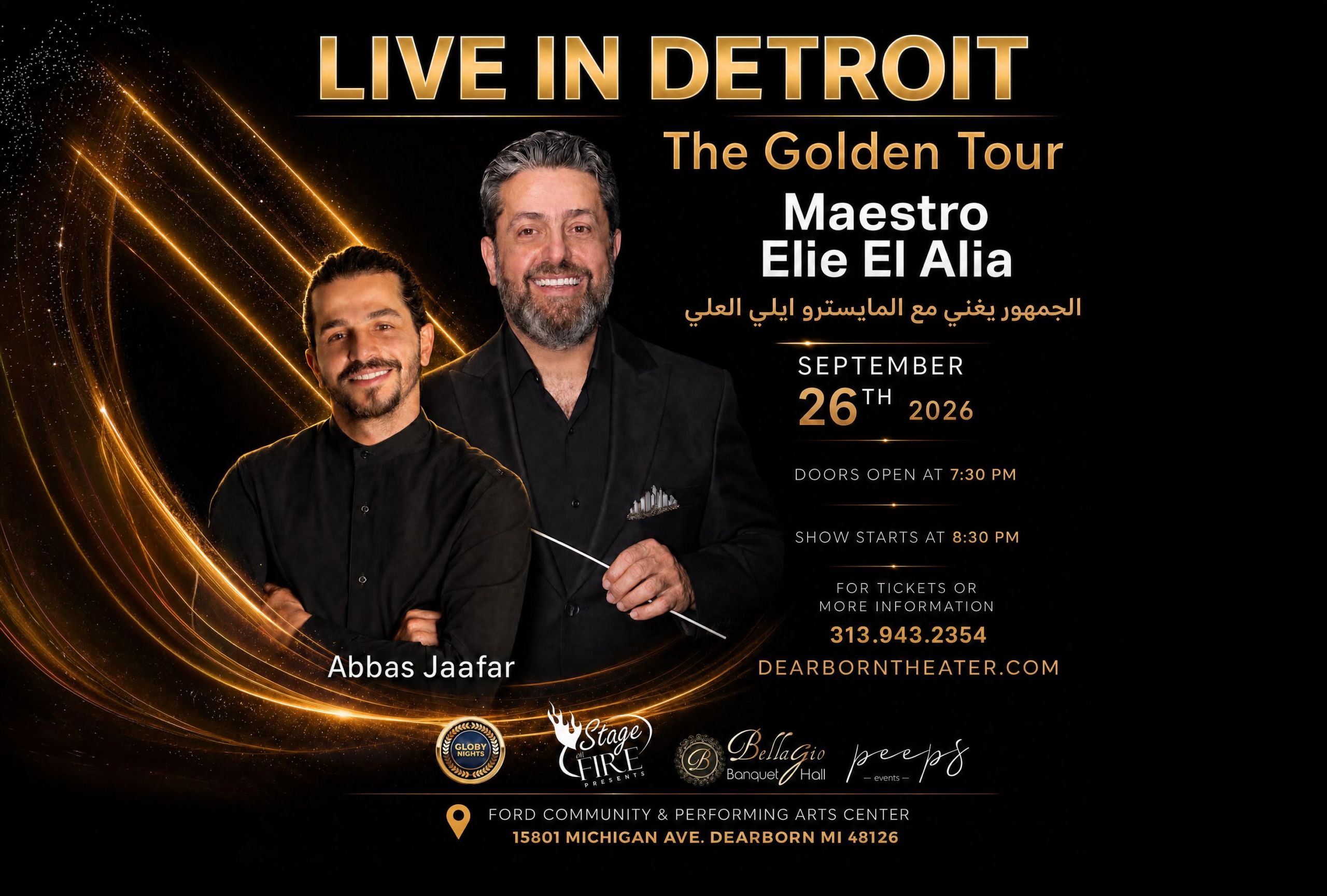 Promotional poster for 'Live in Detroit' concert featuring Maestro Elie El Alia and Abbas Jaafar on September 26, 2026.
