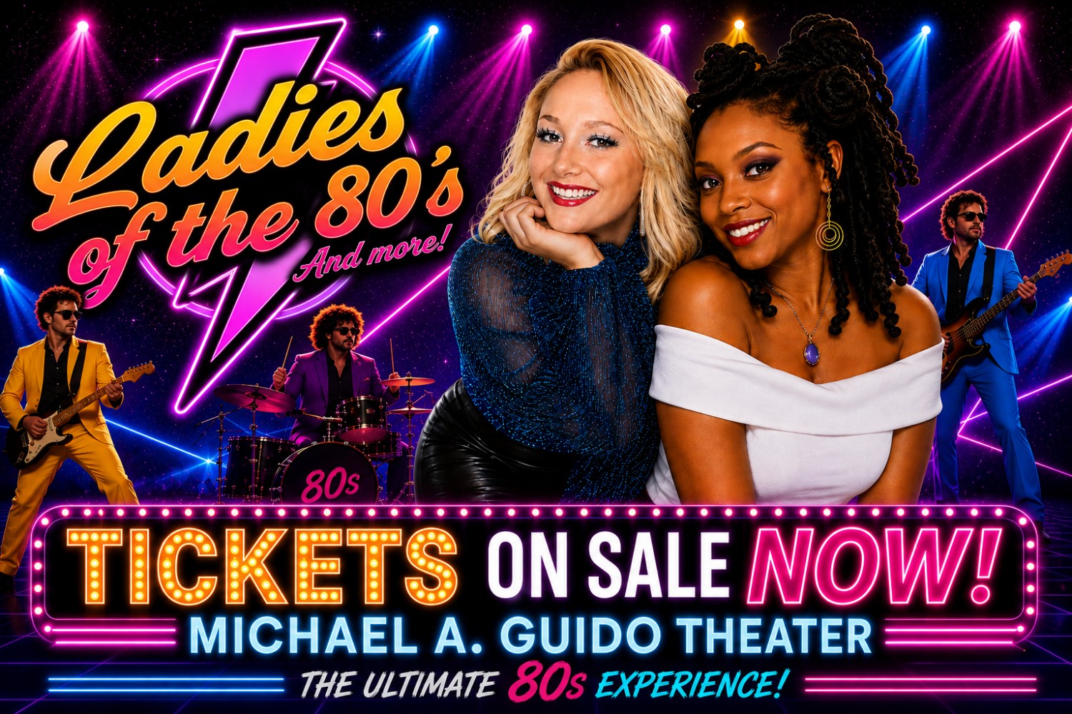 Two women smiling in front of a colorful 80s-themed backdrop with musicians and text promoting ticket sales.