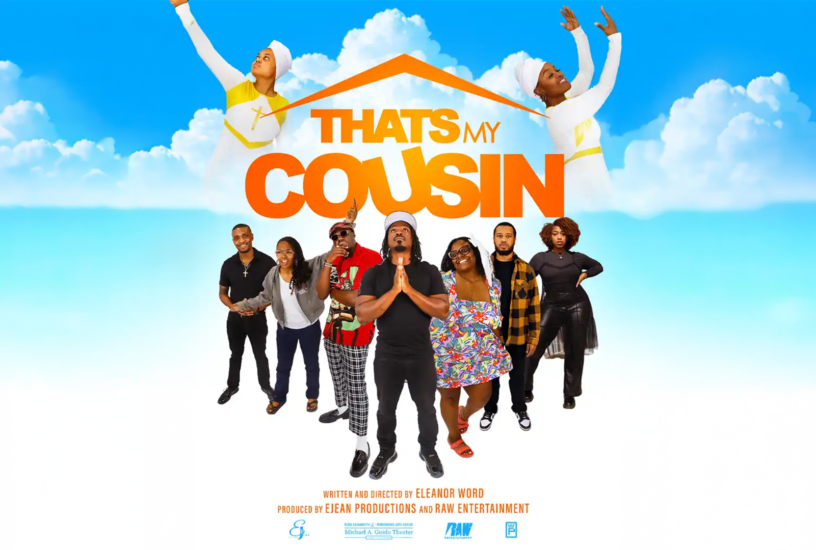 A colorful movie poster for 'That's My Cousin' featuring a diverse cast of characters against a blue sky.