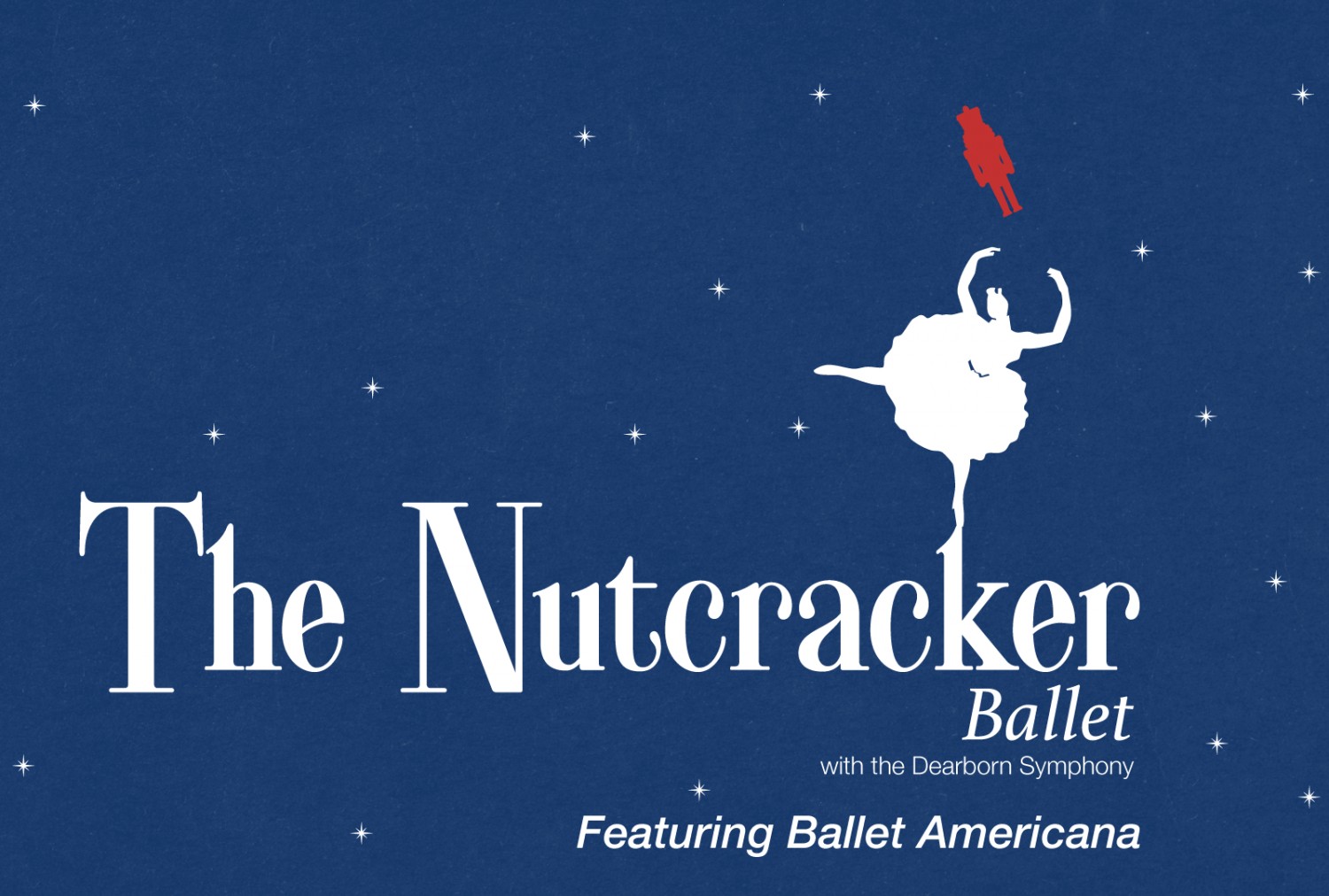 A ballet dancer in a white dress performs against a blue background with stars, promoting The Nutcracker Ballet.
